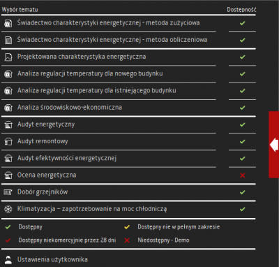 Rys 2. Wysuwany panel wyboru obliczeń